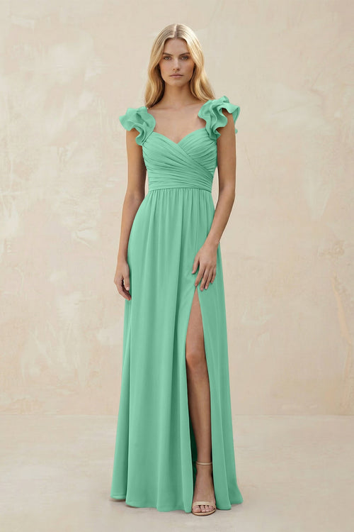 Ruffled Sleeves A - Line Chiffon Sweetheart Bridesmaid Dress in Turquoise - KISS BRIDAL Bridesmaid Dresses
