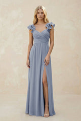 Ruffled Sleeves A - Line Chiffon Sweetheart Bridesmaid Dress in Twilight - KISS BRIDAL Bridesmaid Dresses