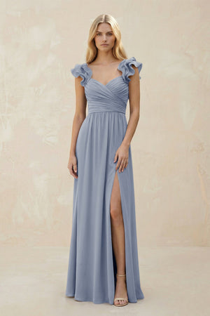 Ruffled Sleeves A - Line Chiffon Sweetheart Bridesmaid Dress in Twilight - KISS BRIDAL Bridesmaid Dresses