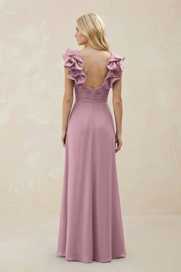 Ruffled Sleeves A-Line Chiffon Sweetheart Bridesmaid Dress in Vintage Mauve (2) | KISSBRIDAL