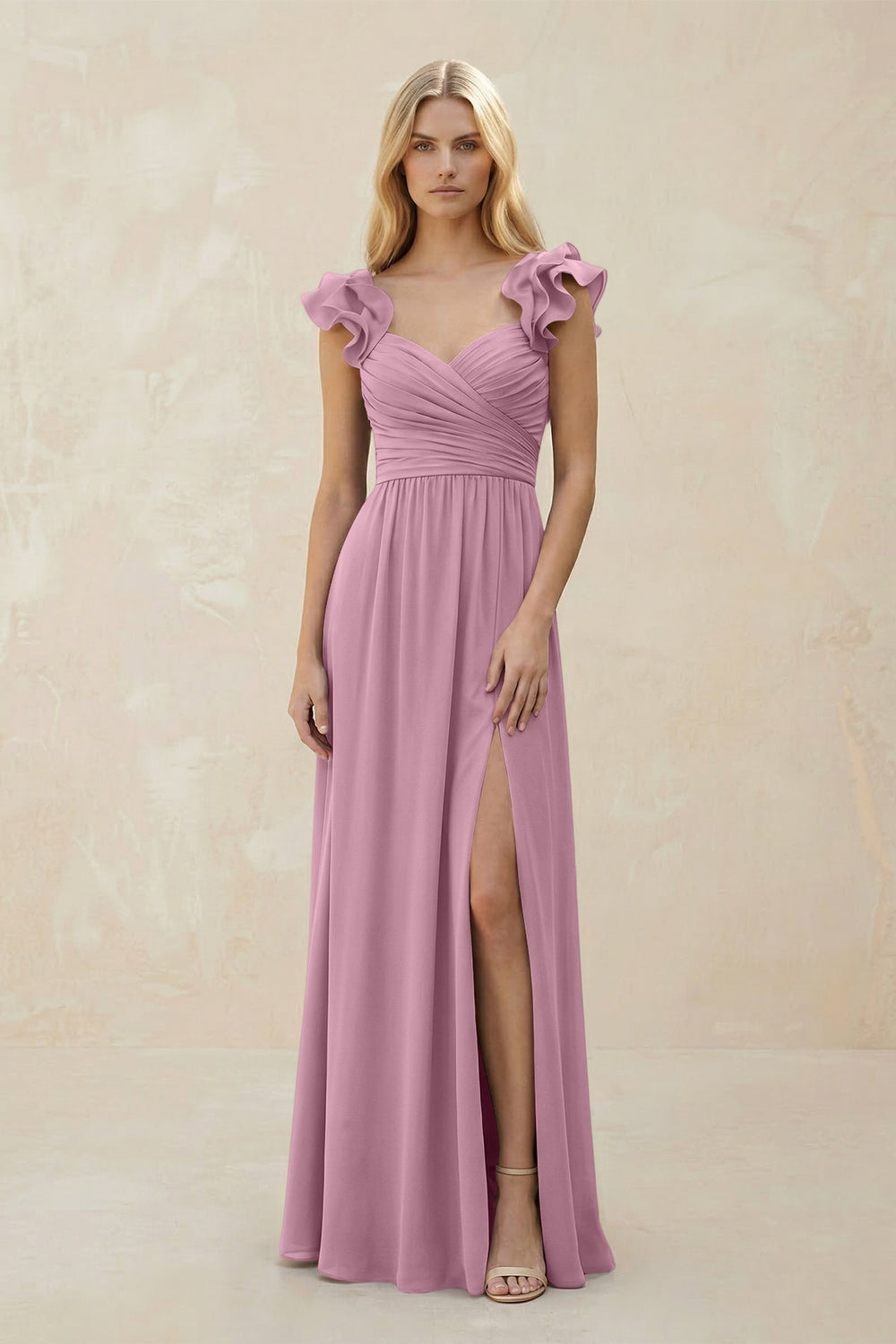 Ruffled Sleeves A - Line Chiffon Sweetheart Bridesmaid Dress in Vintage Mauve - KISS BRIDAL Bridesmaid Dresses
