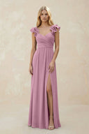 Ruffled Sleeves A - Line Chiffon Sweetheart Bridesmaid Dress in Vintage Mauve - KISS BRIDAL Bridesmaid Dresses