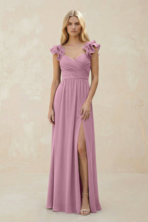 Ruffled Sleeves A - Line Chiffon Sweetheart Bridesmaid Dress in Vintage Mauve - KISS BRIDAL Bridesmaid Dresses
