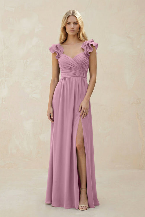 Ruffled Sleeves A - Line Chiffon Sweetheart Bridesmaid Dress in Vintage Mauve - KISS BRIDAL Bridesmaid Dresses