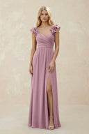 Ruffled Sleeves A-Line Chiffon Sweetheart Bridesmaid Dress in Vintage Mauve | KISSBRIDAL