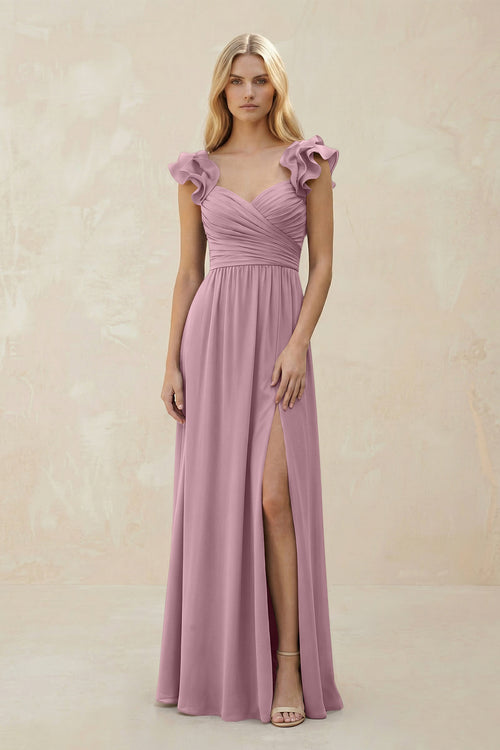 Ruffled Sleeves A-Line Chiffon Sweetheart Bridesmaid Dress in Vintage Mauve | KISSBRIDAL