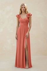 Ruffled Sleeves A - Line Chiffon Sweetheart Bridesmaid Dress in Wild Rose - KISS BRIDAL Bridesmaid Dresses