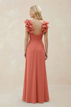 Ruffled Sleeves A - Line Chiffon Sweetheart Bridesmaid Dress in Wild Rose - KISS BRIDAL Bridesmaid Dresses