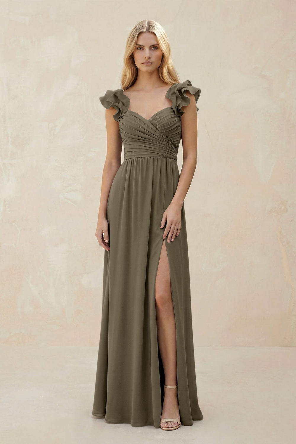 Ruffled Sleeves A - Line Chiffon Sweetheart Bridesmaid Dress in Willow Green - KISS BRIDAL Bridesmaid Dresses