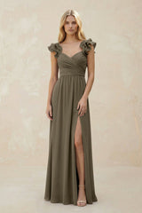 Ruffled Sleeves A - Line Chiffon Sweetheart Bridesmaid Dress in Willow Green - KISS BRIDAL Bridesmaid Dresses