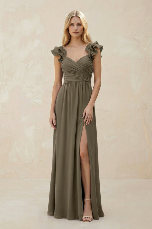 Ruffled Sleeves A - Line Chiffon Sweetheart Bridesmaid Dress in Willow Green - KISS BRIDAL Bridesmaid Dresses