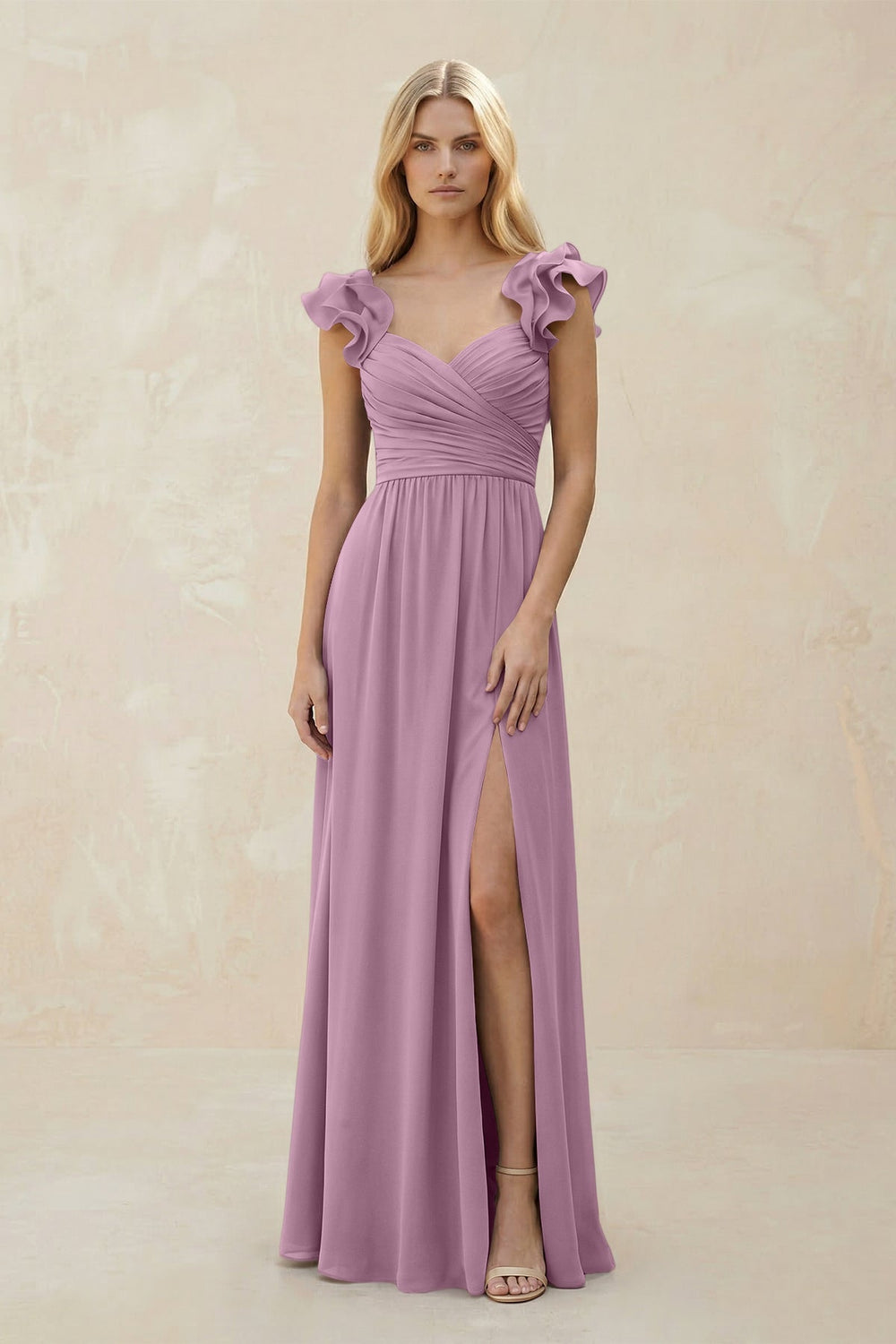 Ruffled Sleeves A - Line Chiffon Sweetheart Bridesmaid Dress in Wisteria - KISS BRIDAL Bridesmaid Dresses