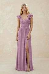 Ruffled Sleeves A - Line Chiffon Sweetheart Bridesmaid Dress in Wisteria - KISS BRIDAL Bridesmaid Dresses