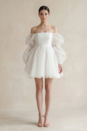 Ruffled Sleeves A - Line Tulle Mini Wedding Dress in White - SHE IS ME Wedding Dresses