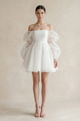 Ruffled Sleeves A - Line Tulle Mini Wedding Dress in White - KISS BRIDAL Wedding Dresses