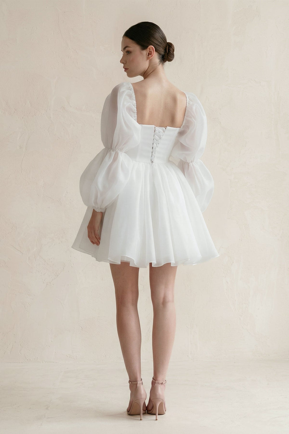 Ruffled Sleeves A - Line Tulle Mini Wedding Dress in White - KISS BRIDAL Wedding Dresses