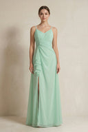 A-Line Ruffled Spaghetti Strap Chiffon Bridesmaid Dress in Pale Pistachio - SHE IS ME BRIDESMAID DRESSES
