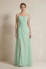 A-Line Ruffled Spaghetti Strap Chiffon Bridesmaid Dress in Pale Pistachio - KISS BRIDAL BRIDESMAID DRESSES