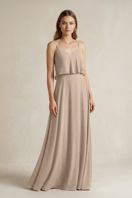 Ruffled Spaghetti Strap A - Line Chiffon Bridesmaid Dress in Almond - KISS BRIDAL Bridesmaid Dresses