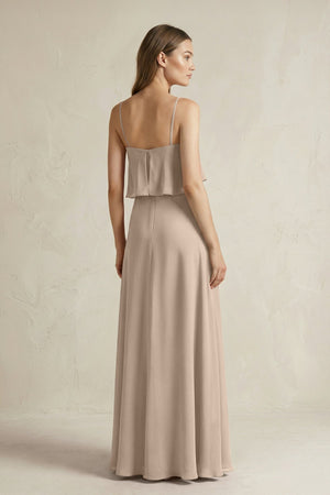 Ruffled Spaghetti Strap A - Line Chiffon Bridesmaid Dress in Almond - KISS BRIDAL Bridesmaid Dresses