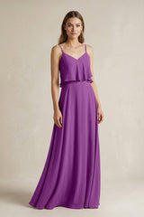 Ruffled Spaghetti Strap A - Line Chiffon Bridesmaid Dress in Amethyst - KISS BRIDAL Bridesmaid Dresses