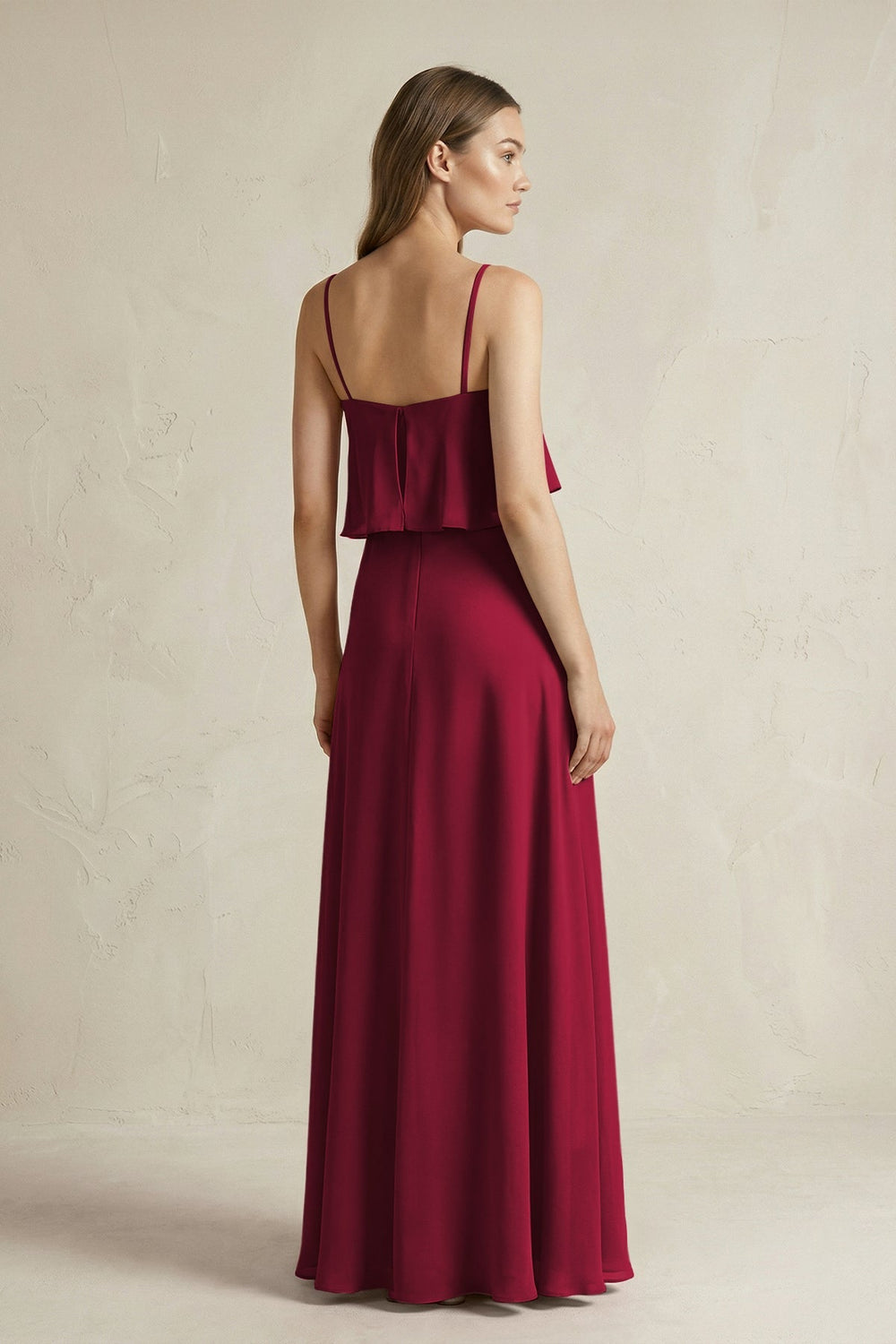 Ruffled Spaghetti Strap A - Line Chiffon Bridesmaid Dress in Berry - KISS BRIDAL Bridesmaid Dresses