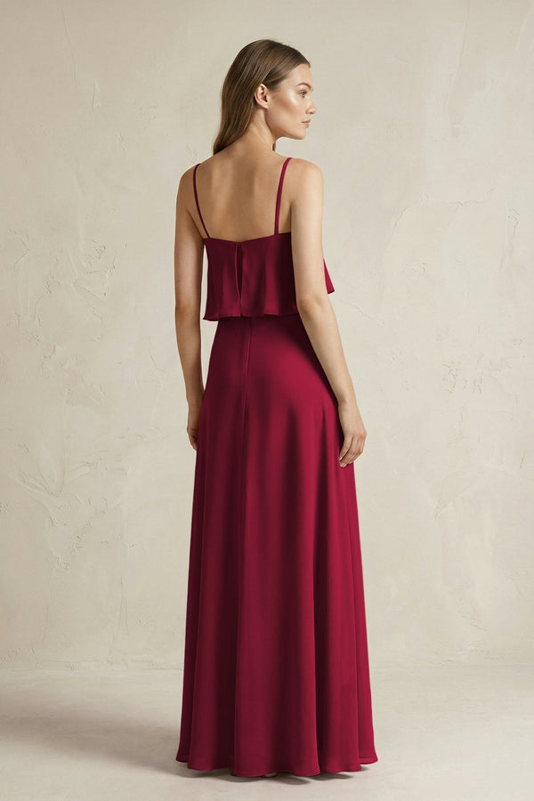Ruffled Spaghetti Strap A - Line Chiffon Bridesmaid Dress in Berry - KISS BRIDAL Bridesmaid Dresses