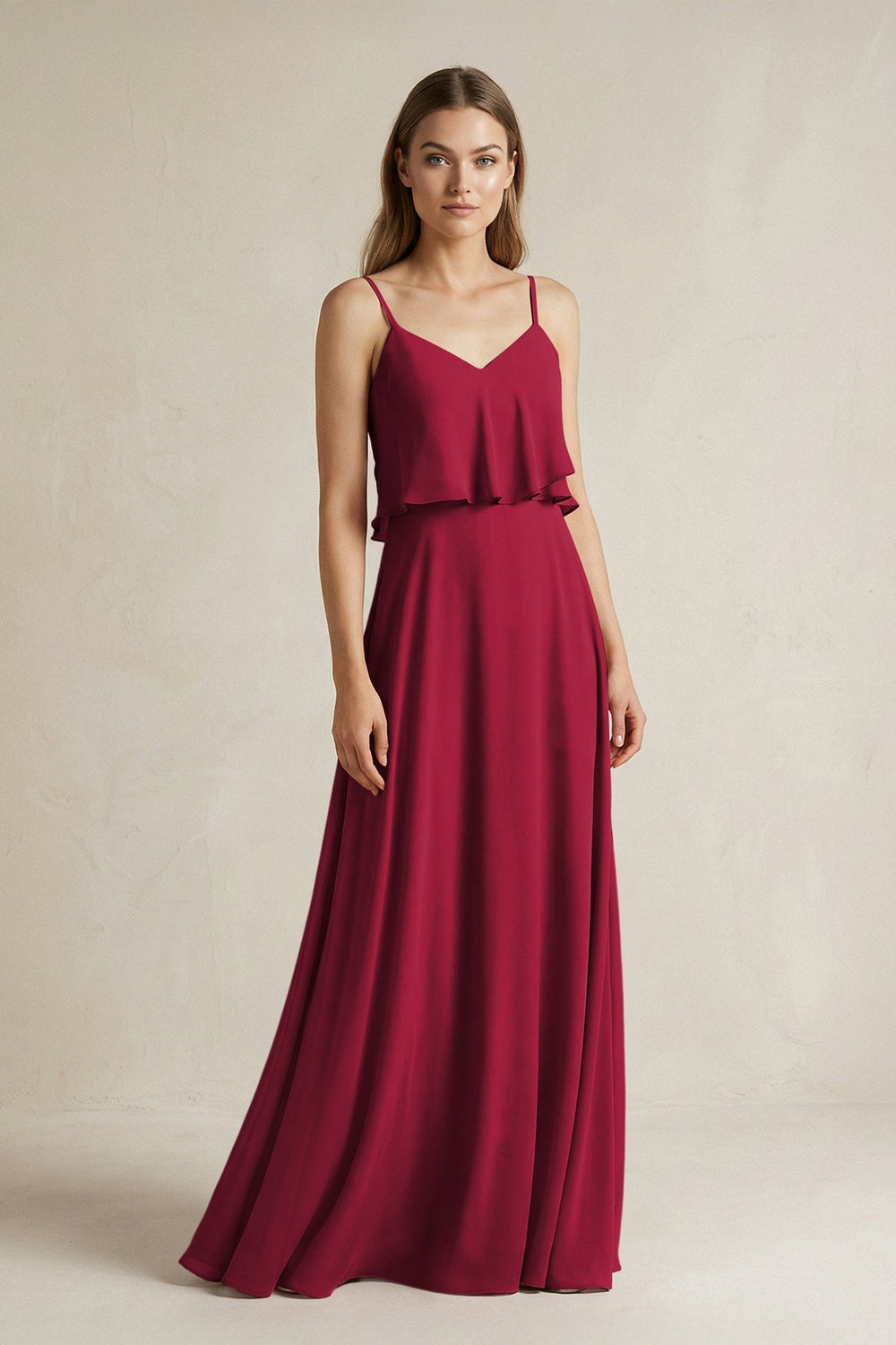 Ruffled Spaghetti Strap A - Line Chiffon Bridesmaid Dress in Berry - KISS BRIDAL Bridesmaid Dresses