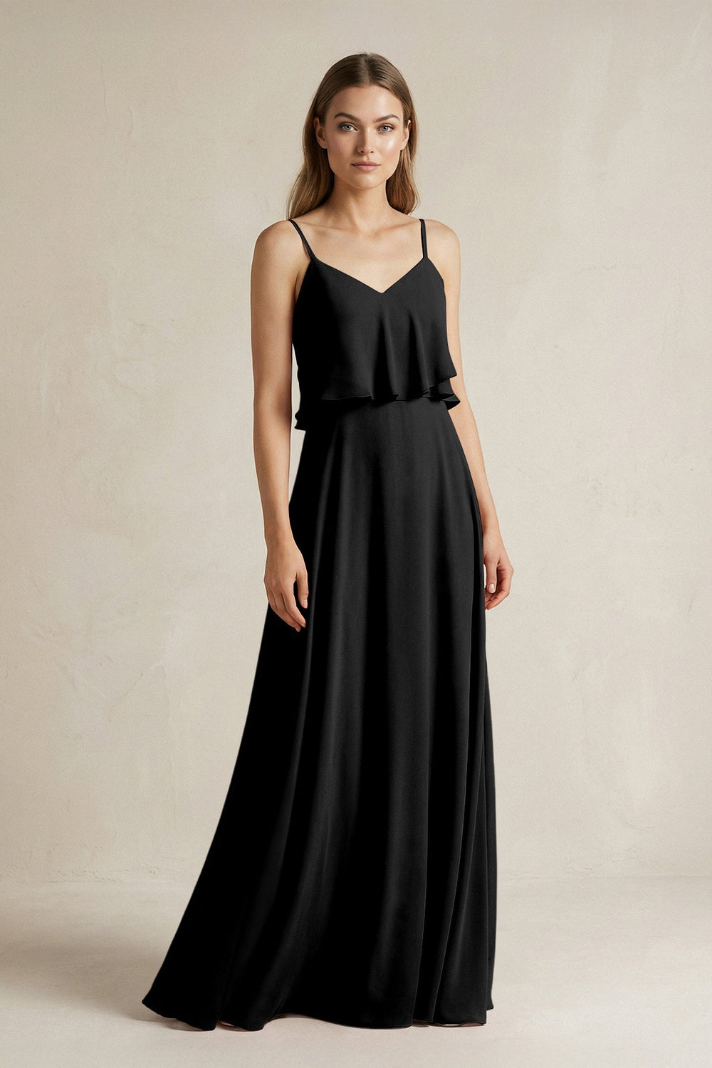 Ruffled Spaghetti Strap A - Line Chiffon Bridesmaid Dress in Black - KISS BRIDAL Bridesmaid Dresses