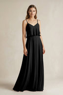 Ruffled Spaghetti Strap A - Line Chiffon Bridesmaid Dress in Black - KISS BRIDAL Bridesmaid Dresses