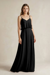 Ruffled Spaghetti Strap A - Line Chiffon Bridesmaid Dress in Black - KISS BRIDAL Bridesmaid Dresses