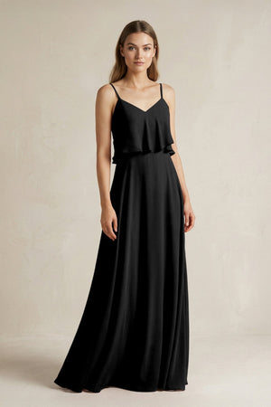 Ruffled Spaghetti Strap A - Line Chiffon Bridesmaid Dress in Black - KISS BRIDAL Bridesmaid Dresses