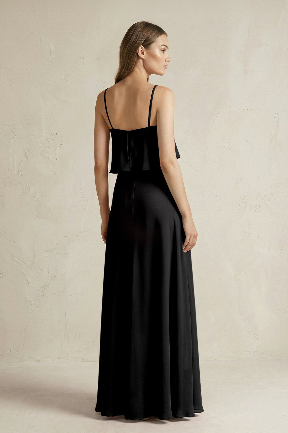 Ruffled Spaghetti Strap A - Line Chiffon Bridesmaid Dress in Black - KISS BRIDAL Bridesmaid Dresses