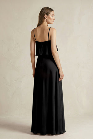 Ruffled Spaghetti Strap A - Line Chiffon Bridesmaid Dress in Black - KISS BRIDAL Bridesmaid Dresses