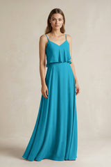 Ruffled Spaghetti Strap A - Line Chiffon Bridesmaid Dress in Blue Jay - KISS BRIDAL Bridesmaid Dresses