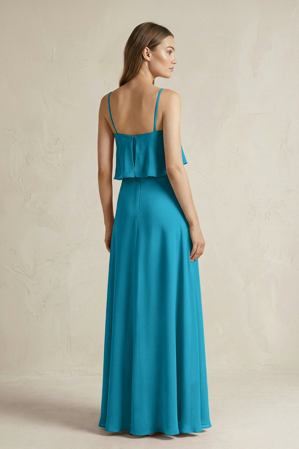 Ruffled Spaghetti Strap A - Line Chiffon Bridesmaid Dress in Blue Jay - KISS BRIDAL Bridesmaid Dresses