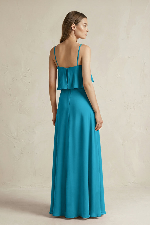 Ruffled Spaghetti Strap A - Line Chiffon Bridesmaid Dress in Blue Jay - KISS BRIDAL Bridesmaid Dresses