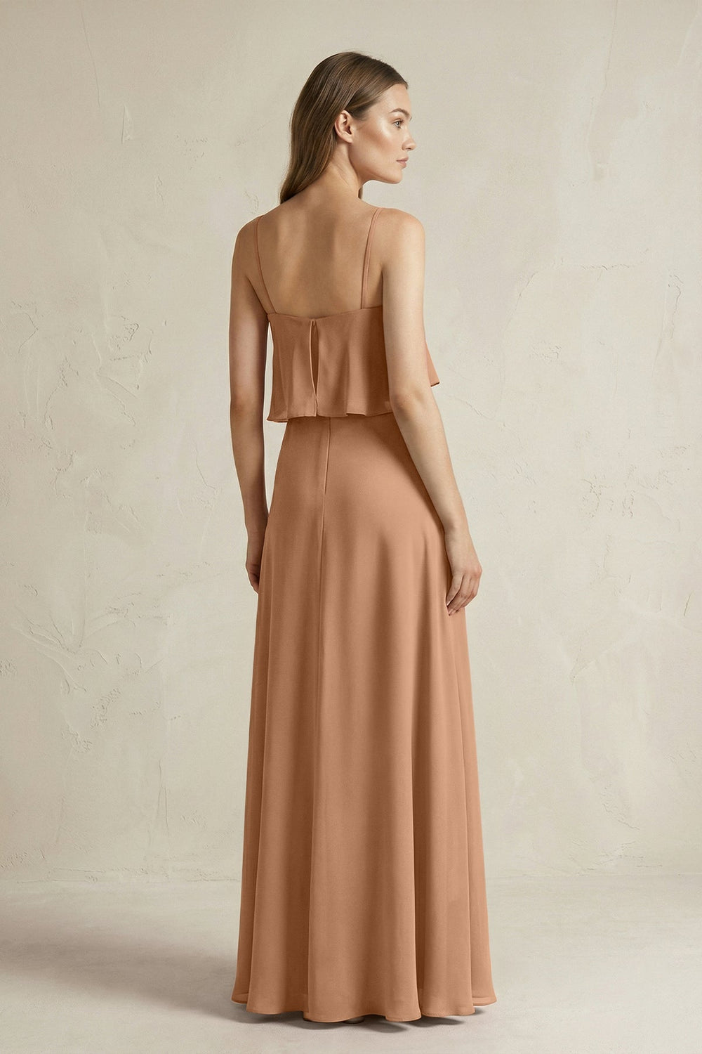 Ruffled Spaghetti Strap A - Line Chiffon Bridesmaid Dress in Bronzer - KISS BRIDAL Bridesmaid Dresses