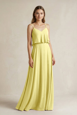 Ruffled Spaghetti Strap A - Line Chiffon Bridesmaid Dress in Buttercup - KISS BRIDAL Bridesmaid Dresses