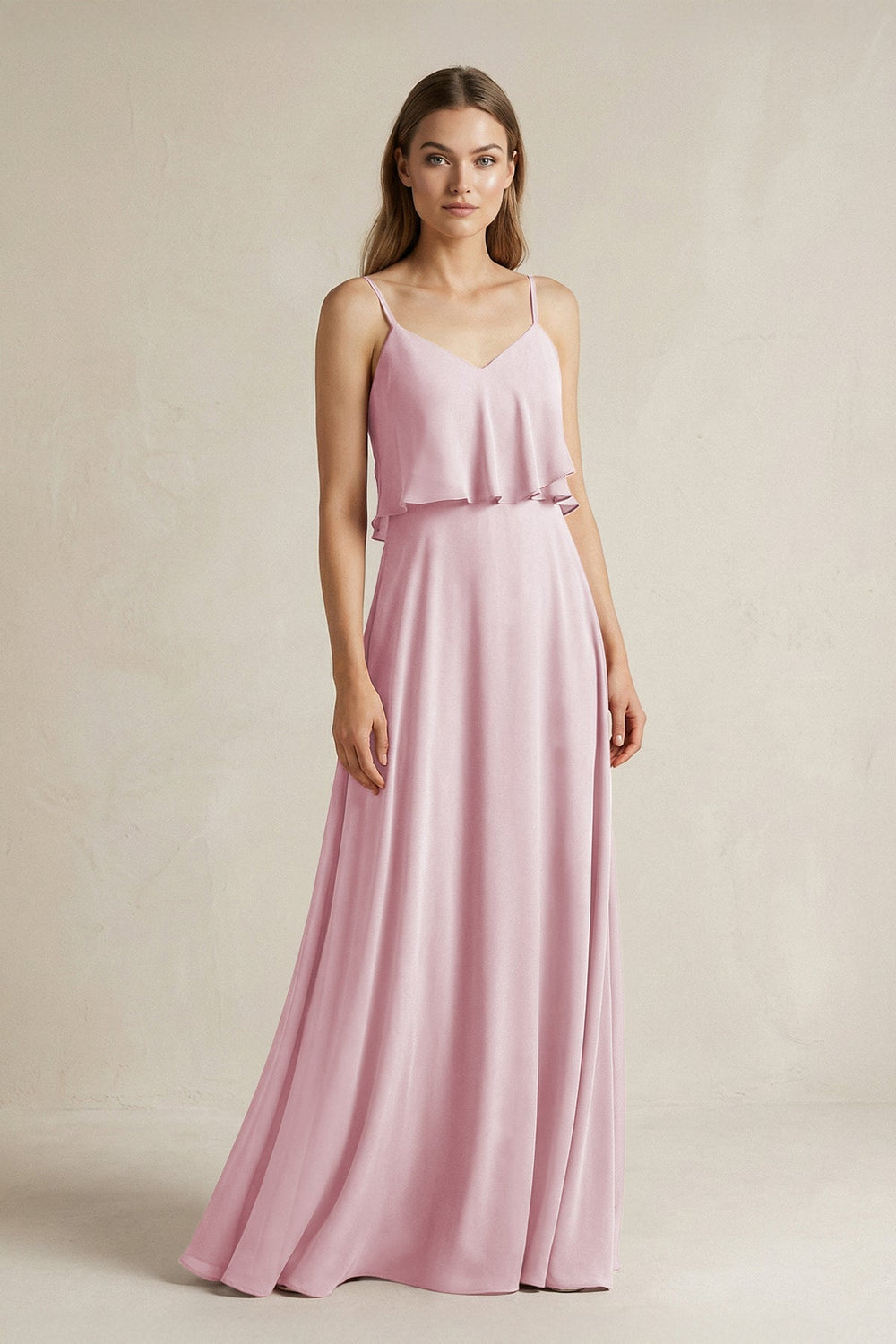 Ruffled Spaghetti Strap A - Line Chiffon Bridesmaid Dress in Candy Pink - KISS BRIDAL Bridesmaid Dresses