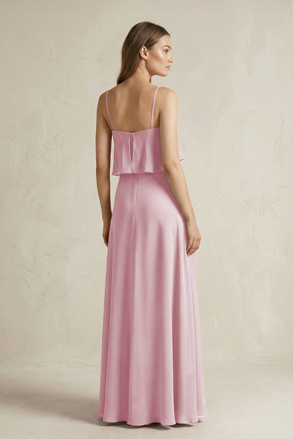 Ruffled Spaghetti Strap A - Line Chiffon Bridesmaid Dress in Candy Pink - KISS BRIDAL Bridesmaid Dresses