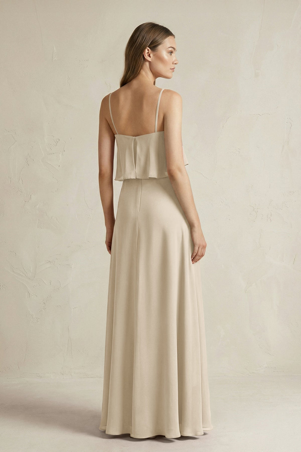 Ruffled Spaghetti Strap A - Line Chiffon Bridesmaid Dress in Champagne - KISS BRIDAL Bridesmaid Dresses
