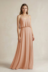 Ruffled Spaghetti Strap A - Line Chiffon Bridesmaid Dress in Champagne Rose - KISS BRIDAL Bridesmaid Dresses