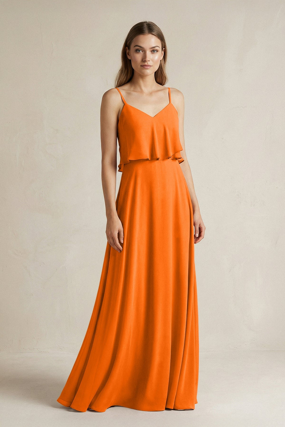 Ruffled Spaghetti Strap A - Line Chiffon Bridesmaid Dress in Cinnamon - KISS BRIDAL Bridesmaid Dresses