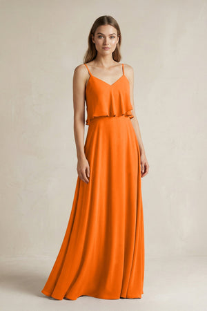 Ruffled Spaghetti Strap A - Line Chiffon Bridesmaid Dress in Cinnamon - KISS BRIDAL Bridesmaid Dresses