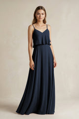 Ruffled Spaghetti Strap A - Line Chiffon Bridesmaid Dress in Dark Navy - KISS BRIDAL Bridesmaid Dresses