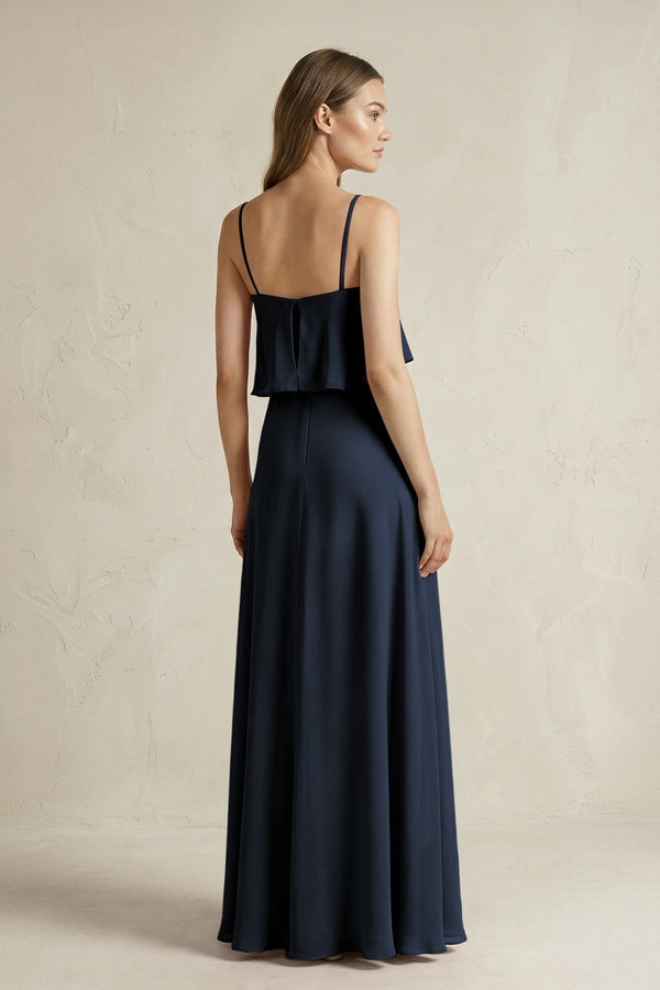 Ruffled Spaghetti Strap A - Line Chiffon Bridesmaid Dress in Dark Navy - KISS BRIDAL Bridesmaid Dresses