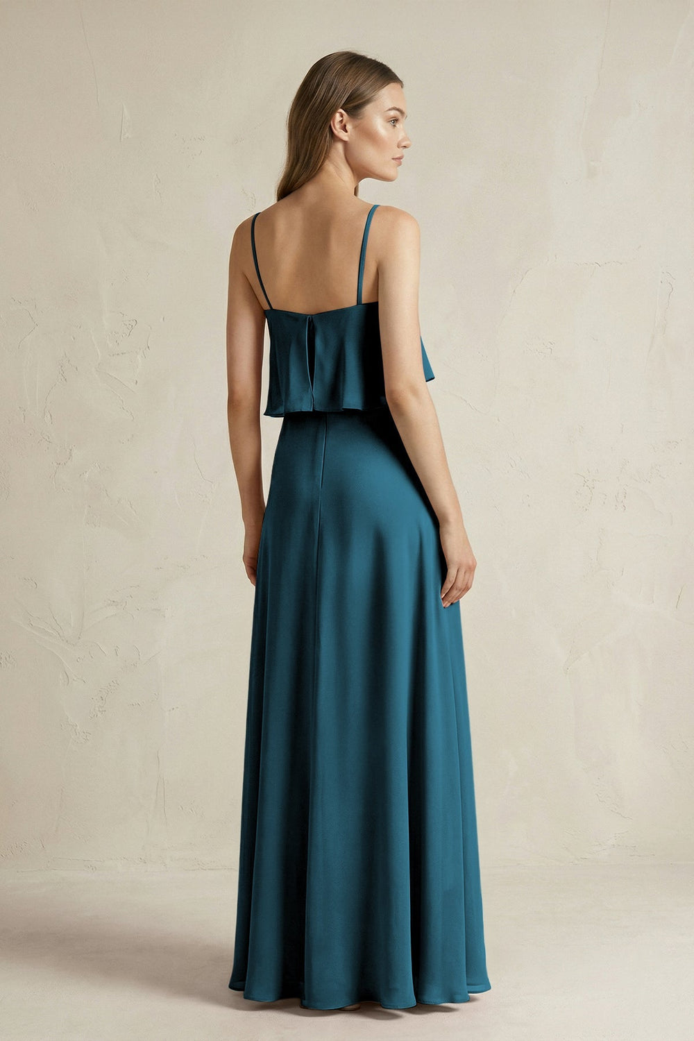 Ruffled Spaghetti Strap A - Line Chiffon Bridesmaid Dress in Dark Teal - KISS BRIDAL Bridesmaid Dresses