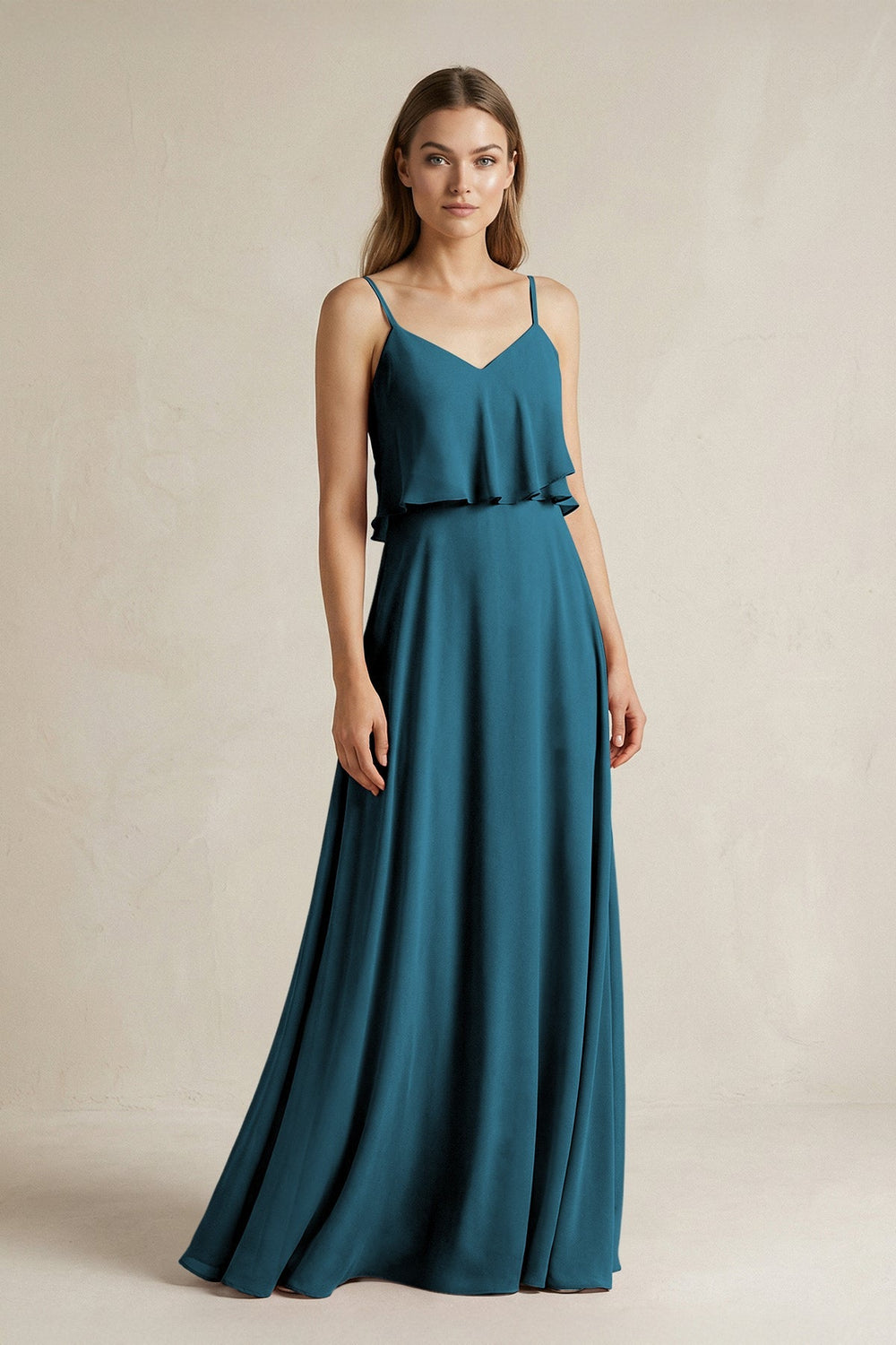 Ruffled Spaghetti Strap A - Line Chiffon Bridesmaid Dress in Dark Teal - KISS BRIDAL Bridesmaid Dresses