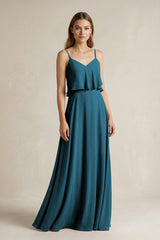 Ruffled Spaghetti Strap A - Line Chiffon Bridesmaid Dress in Dark Teal - KISS BRIDAL Bridesmaid Dresses